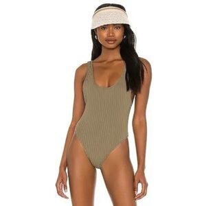 Mikoh Yumi Ribbed One Piece Swimsuit/Bodysuit XS Olive Green Low Back Tank